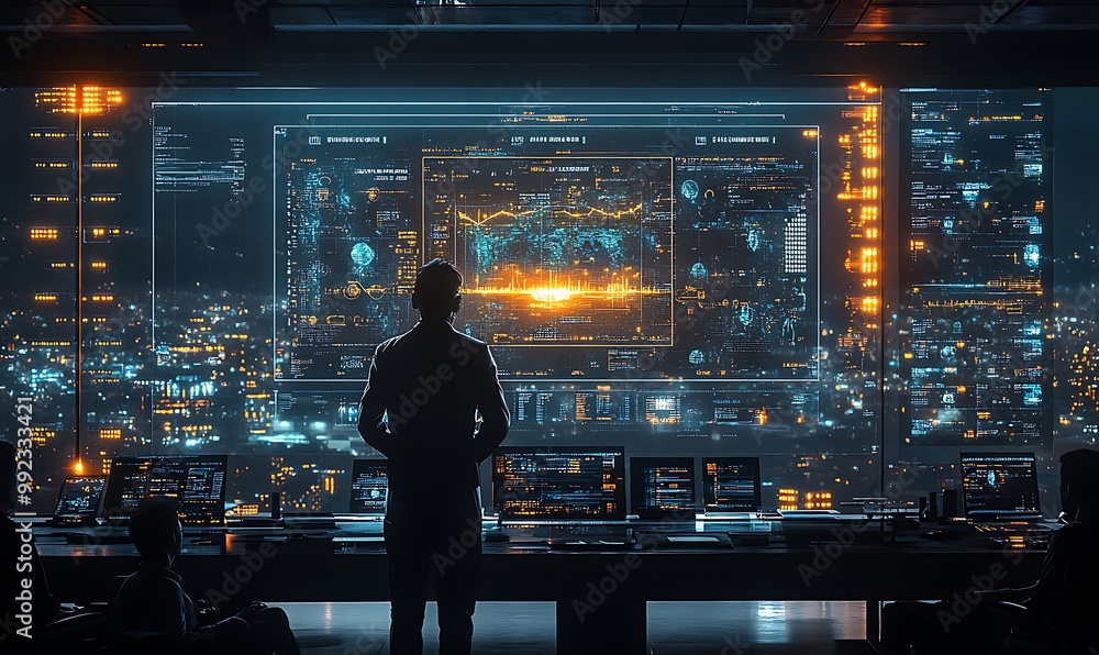 A lone figure stands in a futuristic control room, observing a vast digital map displayed on a large screen, with data and information surrounding them. A lone figure stands in a futuristic control room, observing a vast digital map displayed on a large screen, with data and information surrounding them.
