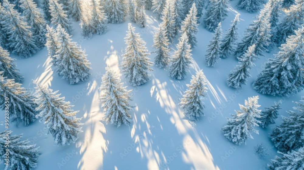 Aerial View of Snow-Covered Evergreen Trees in a Winter Forest Aerial View of Snow-Covered Evergreen Trees in a Winter Forest