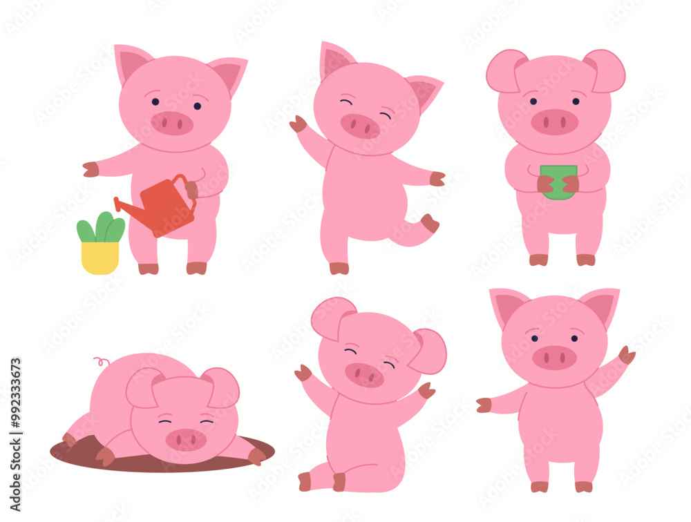 Set of pigs. Piggy watering plants, lying in soil. Livestock and cattle, mammal. Stickers for social networks and messengers. Flat vector collection Set of pigs. Piggy watering plants, lying in soil. Livestock and cattle, mammal. Stickers for social networks and messengers. Flat vector collection