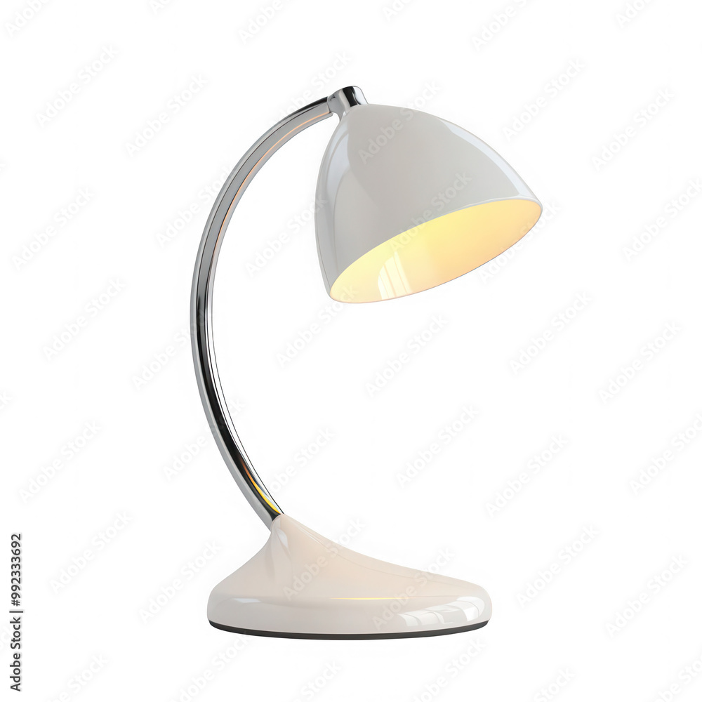 A white lamp with a curved base and a white shade A white lamp with a curved base and a white shade