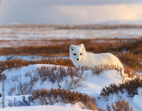 Elusive Arctic Fox Camouflaged against a Snowy Tundra Landscape photo