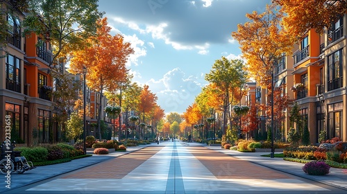 A sunny autumn day in a suburban street lined with colorful trees.