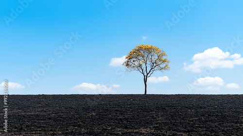 Deforested land with a lone tree standing, visualizing the impact of human activity on forests and biodiversity photo