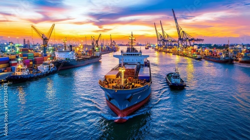 Vibrant Sunset Over Busy Port with Cargo Shipping Vessels