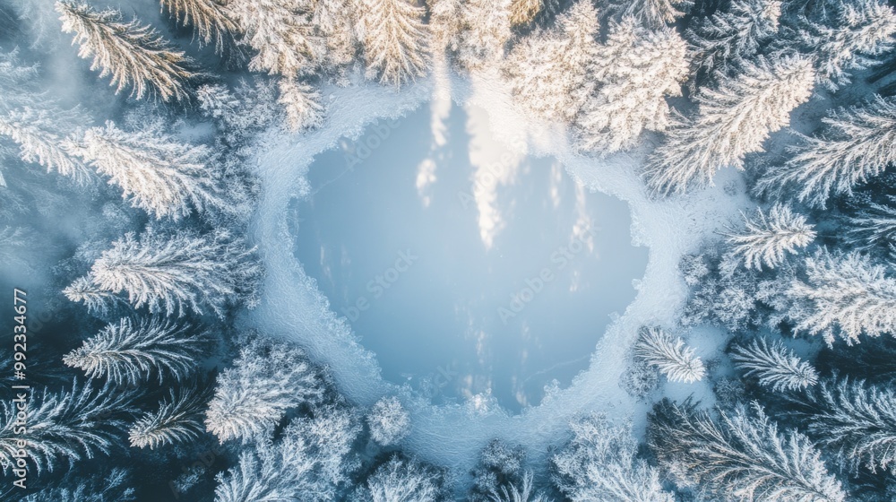 Aerial View of a Frozen Lake Surrounded by Snow-Covered Trees Aerial View of a Frozen Lake Surrounded by Snow-Covered Trees