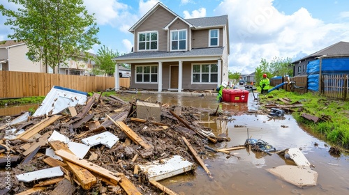 Home Damaged by Flooding and Debris in Neighborhood