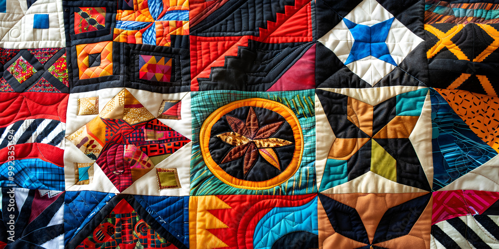 Naklejka premium Patchwork Quilt with Vibrant Colorful Patterns and Designs, Handmade Quilt Displaying Artistic Geometric Patterns