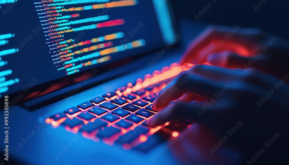 Hands-on keyboard with website coding in progress, focused developer working late, intense coding session Hands-on keyboard with website coding in progress, focused developer working late, intense coding session