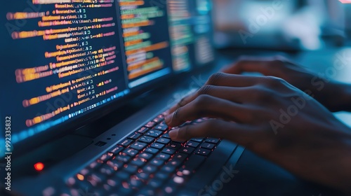 Hands typing on a mechanical keyboard with multiple code windows open, software development process, coding in action