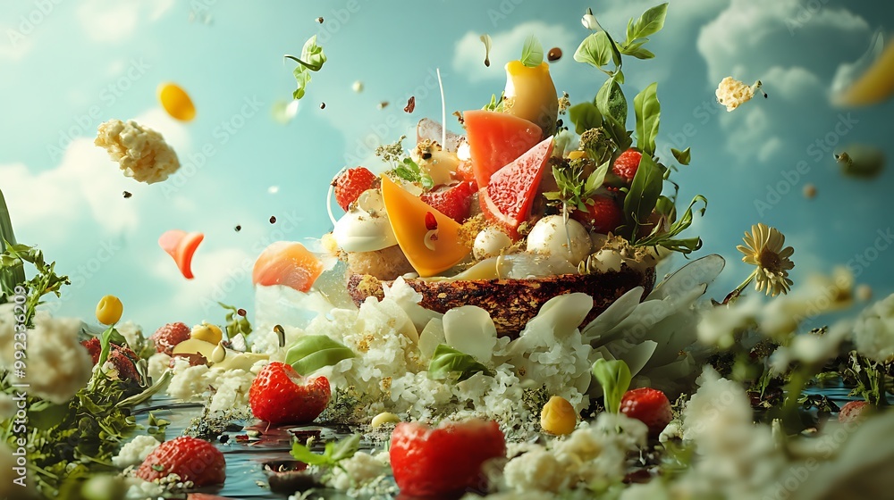 A Whimsical Arrangement of Fruit, Flowers, and Whipped Cream A Whimsical Arrangement of Fruit, Flowers, and Whipped Cream
