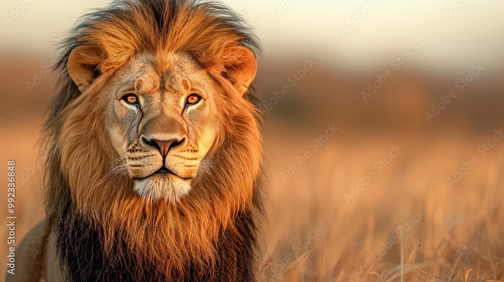 Obraz premium Majestic Lion Portrait in Golden Sunset Light