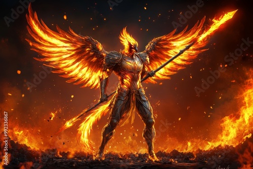 A phoenix warrior with flaming wings and armor of molten gold, wielding a fiery spear, rising from the ashes of a burning battlefield photo