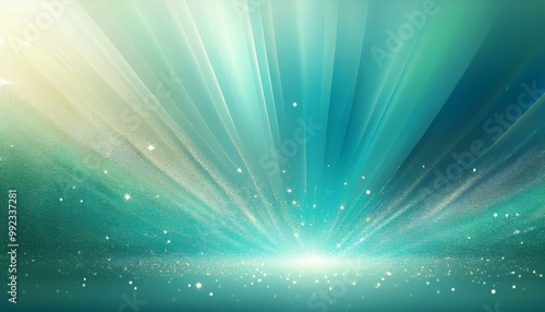 A vibrant abstract background featuring teal and green light rays radiating outward from a bright central point. Perfect for use in digital designs, futuristic themes, technology, or event visuals.