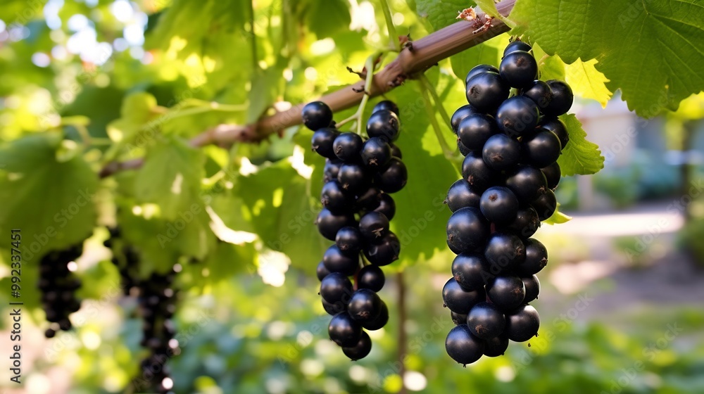 Blackcurrant fruit hanging bush focus their deep purple color gleaming under sunlight while surrounding garden softly blur background showcasing vibrant appearance of fruit Scientific name Ribes Blackcurrant fruit hanging bush focus their deep purple color gleaming under sunlight while surrounding garden softly blur background showcasing vibrant appearance of fruit Scientific name Ribes