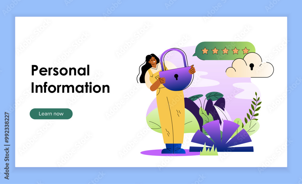 Woman with personal information. Young girl with huge padlock in her hands. Security of personal data. Safety on internet, antivirus. Landing webpage design. Flat vector illustration Woman with personal information. Young girl with huge padlock in her hands. Security of personal data. Safety on internet, antivirus. Landing webpage design. Flat vector illustration