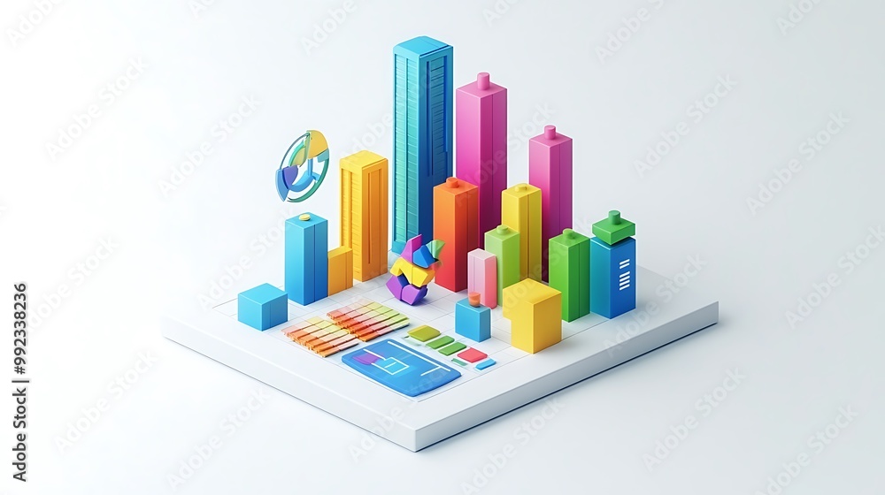 Colorful 3D Bar Chart with Data Visualization Elements Colorful 3D Bar Chart with Data Visualization Elements