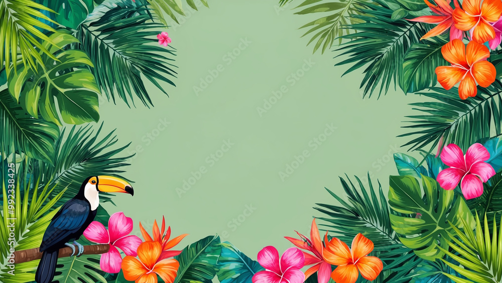 Naklejka premium This vibrant tropical background features lush green leaves, bright flowers, and a colorful toucan, creating an exotic, lively atmosphere with vivid, summery colors.