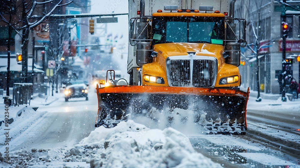 Snowplow removing snow from a road in the city at winter Snowplow removing snow from a road in the city at winter
