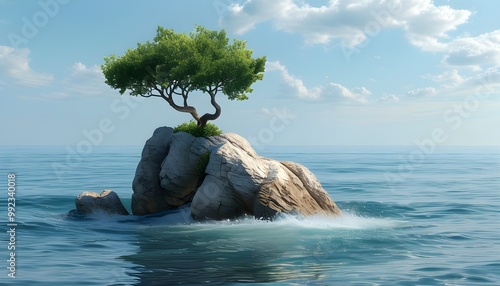 Solitary tree triumphantly grows from rock amidst serene oceanic landscape photo