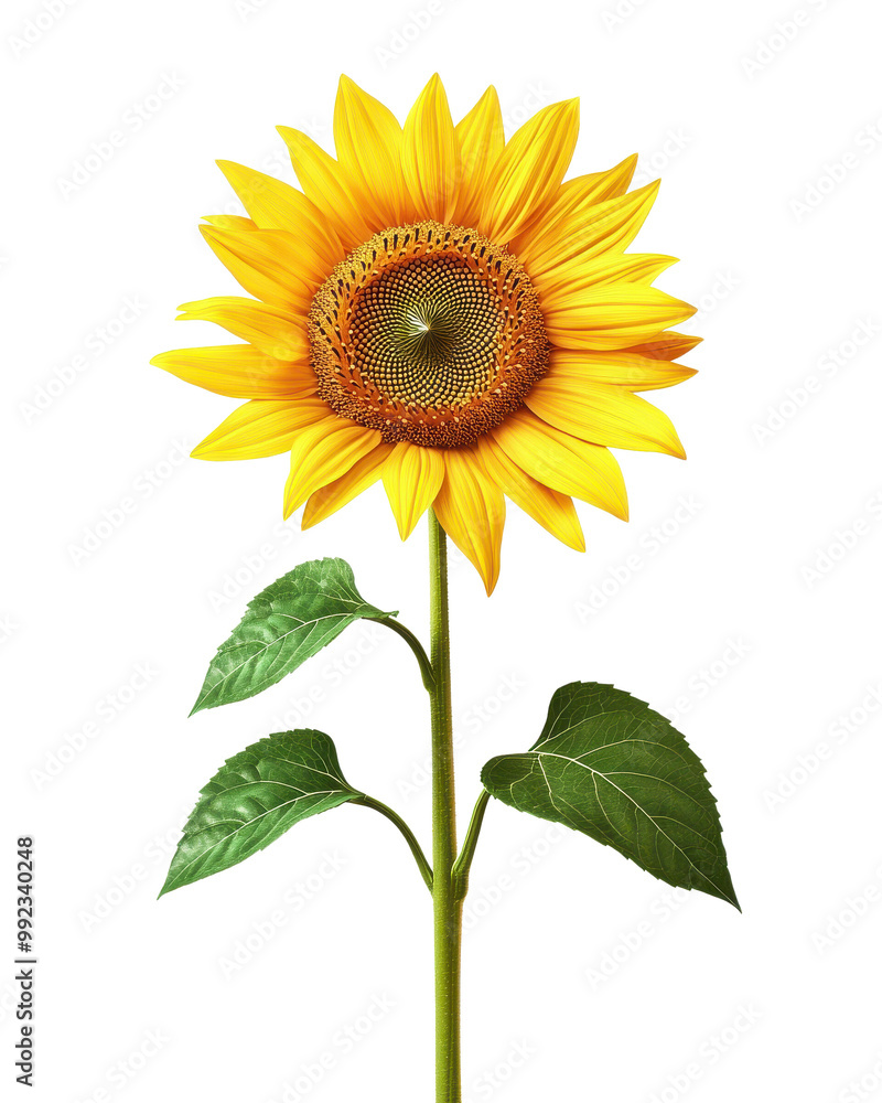 Fototapeta premium Bright sunflower with green leaves, white isolate background.