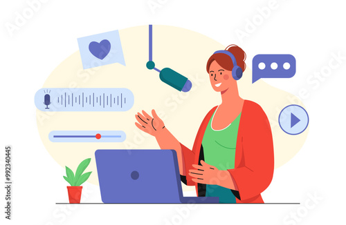 Woman record podcast. Young girl wearing headphones with microphone sits in front of laptop. Creating interesting content on Internet. Broadcasting and podcasting. Flat vector illustration