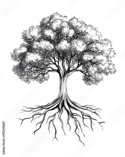 Intricate black and white tree design with detailed roots.