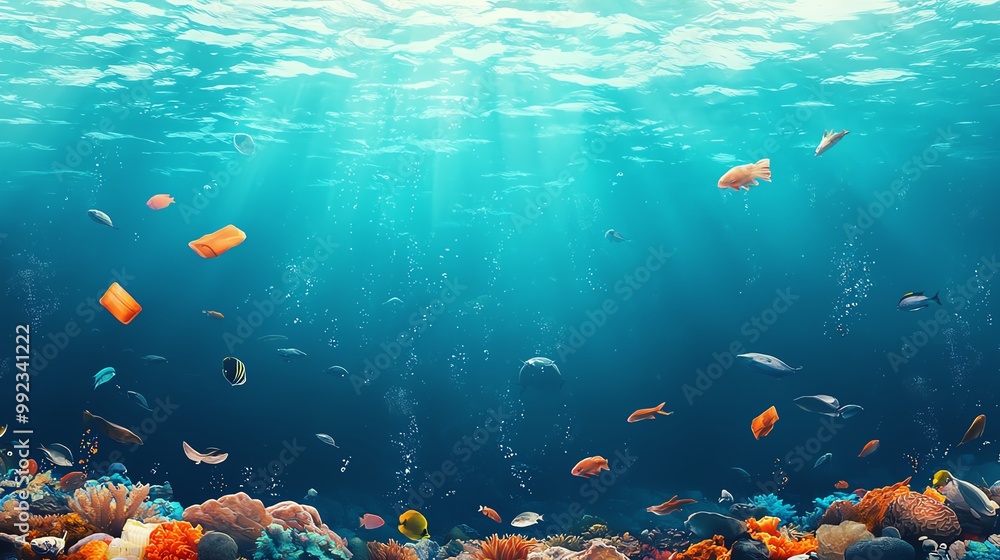 Plastic waste floating in a deep ocean with marine life swimming around, symbolizing human impact on ecosystems Plastic waste floating in a deep ocean with marine life swimming around, symbolizing human impact on ecosystems