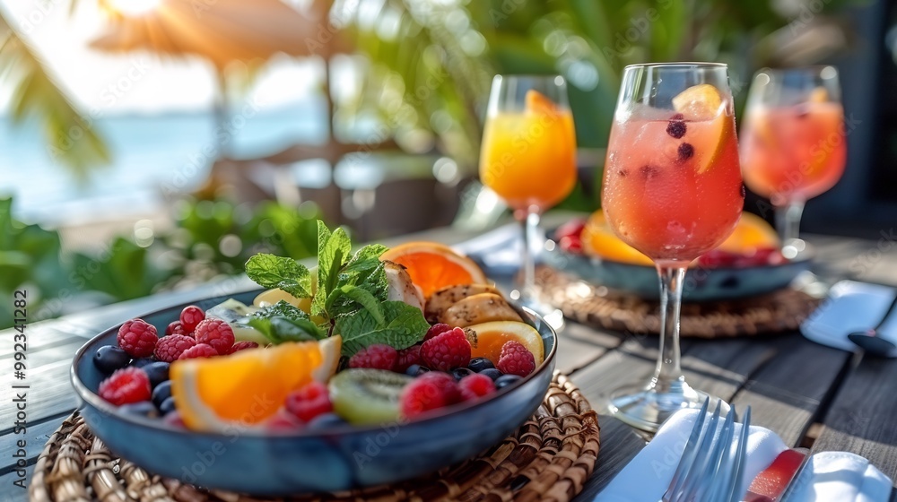 Boysenberry fruit salad grilled chicken fresh green served bamboo table tropical caf brightcolored drink palm tree softly blurred background creating inviting healthy dish Scientific name Rubus Boysenberry fruit salad grilled chicken fresh green served bamboo table tropical caf brightcolored drink palm tree softly blurred background creating inviting healthy dish Scientific name Rubus