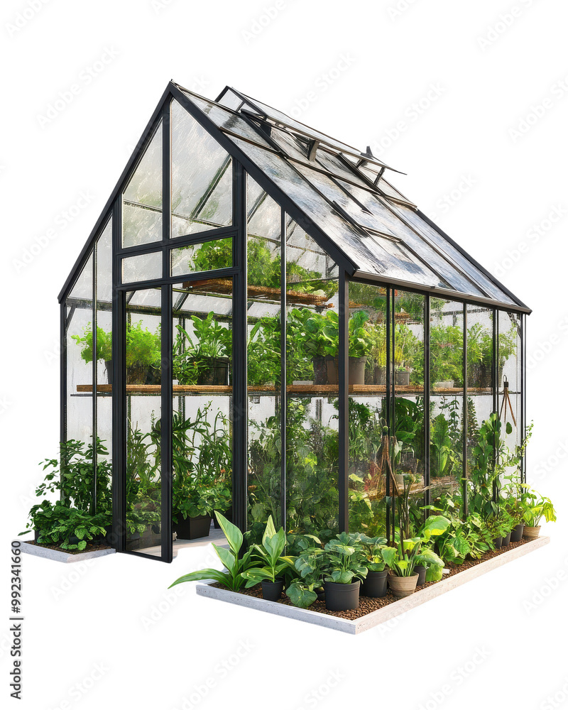 Modern greenhouse filled with lush green plants, white background. Modern greenhouse filled with lush green plants, white background.