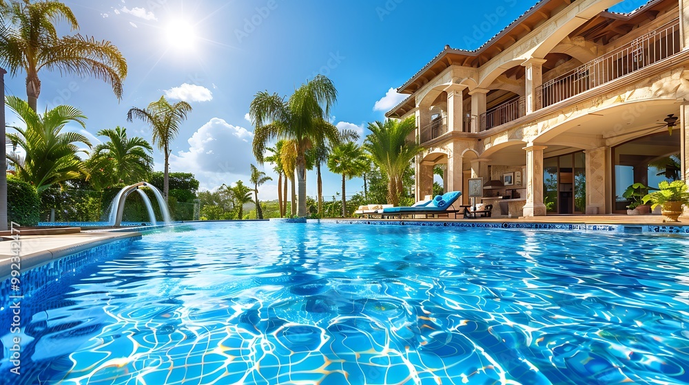 Fototapeta premium Swimming pool in a luxury villa on sunny day with blue sky