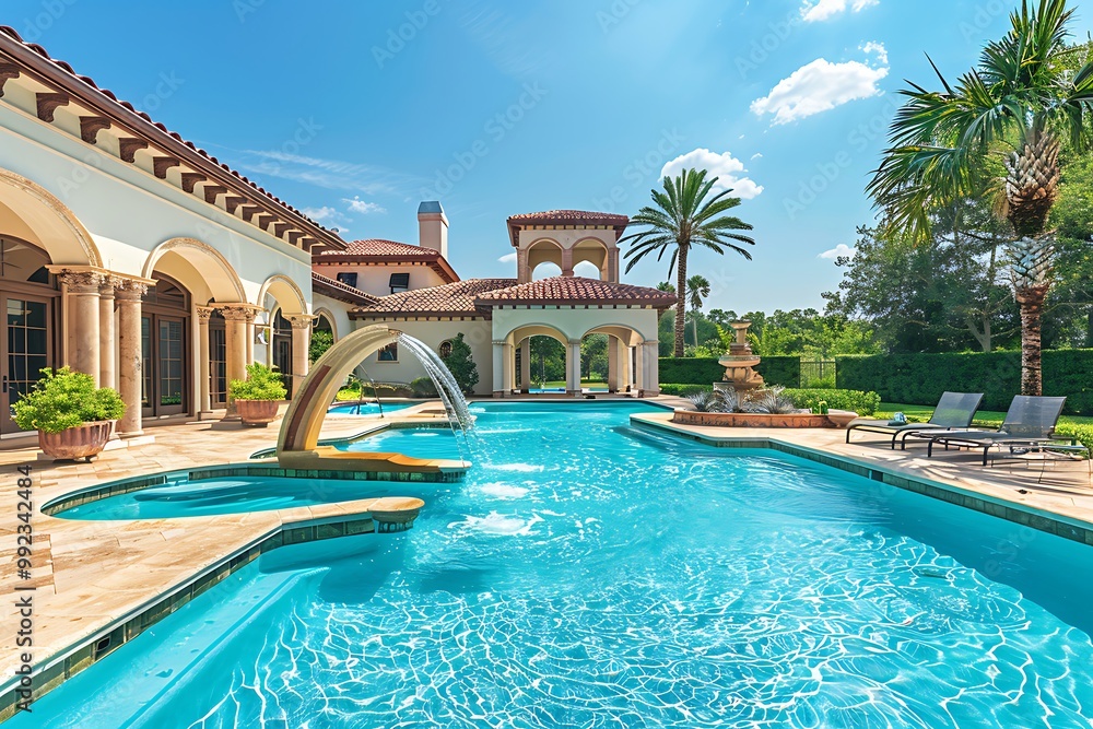 Fototapeta premium Swimming pool in a luxury villa on sunny day with blue sky