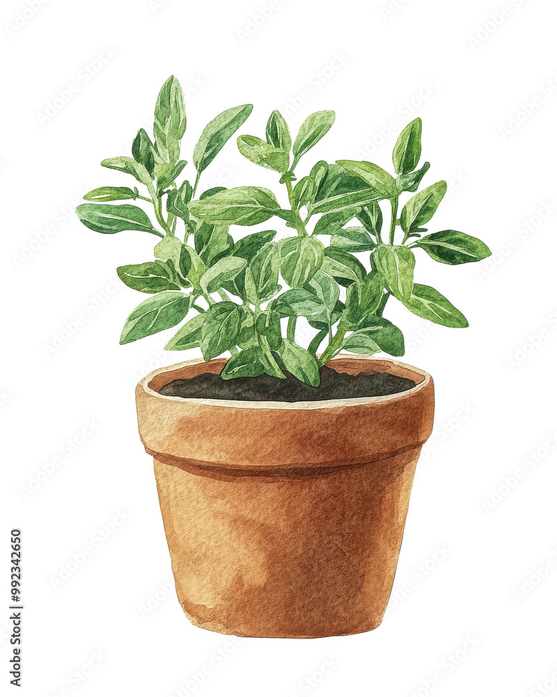 Obraz premium Potted green plant in a terracotta pot, white isolate background.