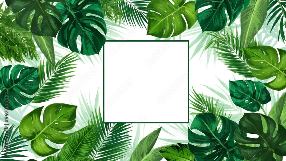 This tropical background features lush green monstera and palm leaves arranged around the edges, with a blank white center, creating a modern and vibrant nature-inspired design.