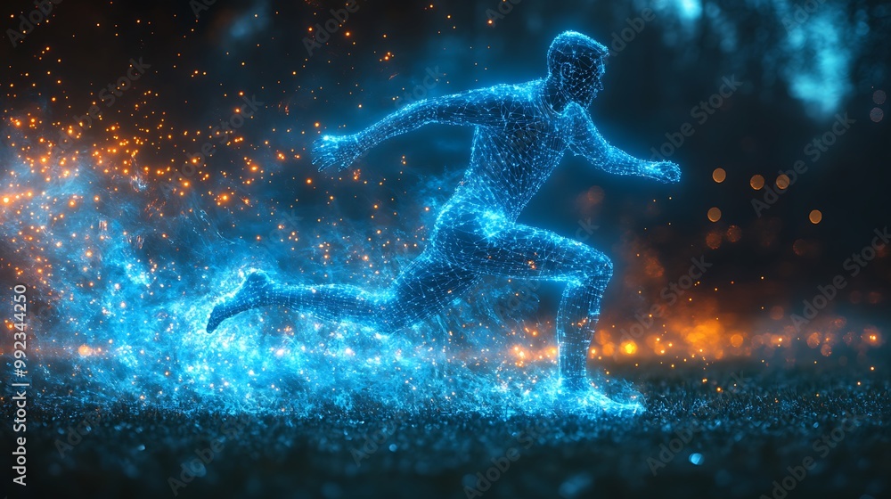Naklejka premium Blue digital soccer player with glowing data, artificial intelligence into athlete performance analysis and training, enhancing player skills, strategy, and overall team performance design 