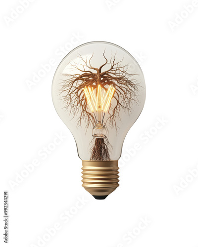 Light bulb with tree roots, symbolizing growth and innovation. photo