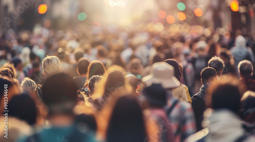 Crowded urban street scene with diverse faces representing various age groups and ethnicities, symbolizing demographic diversity and multiculturalism, with ample copy space for text or design elements