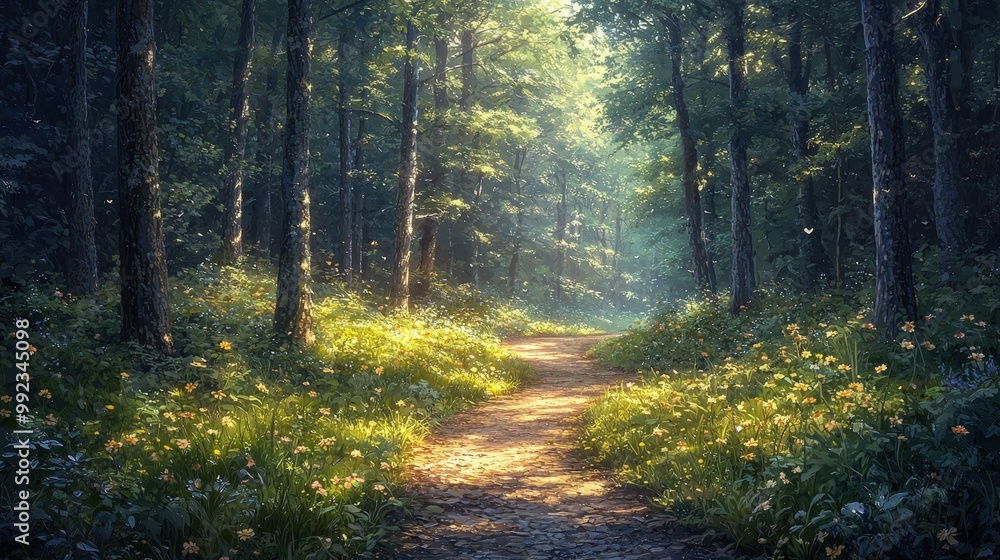 Obraz premium Sunlit Forest Path with Wildflowers and Butterflies
