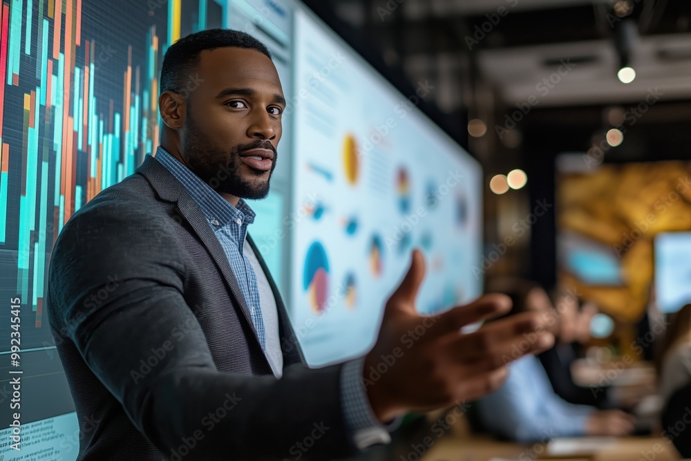 Fototapeta premium photo of african american man leader presenting a financial data and strategies in a modern office with charts and graphs displayed on a large screen