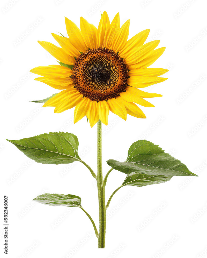 Fototapeta premium Sunflower with green leaves, white isolated background.