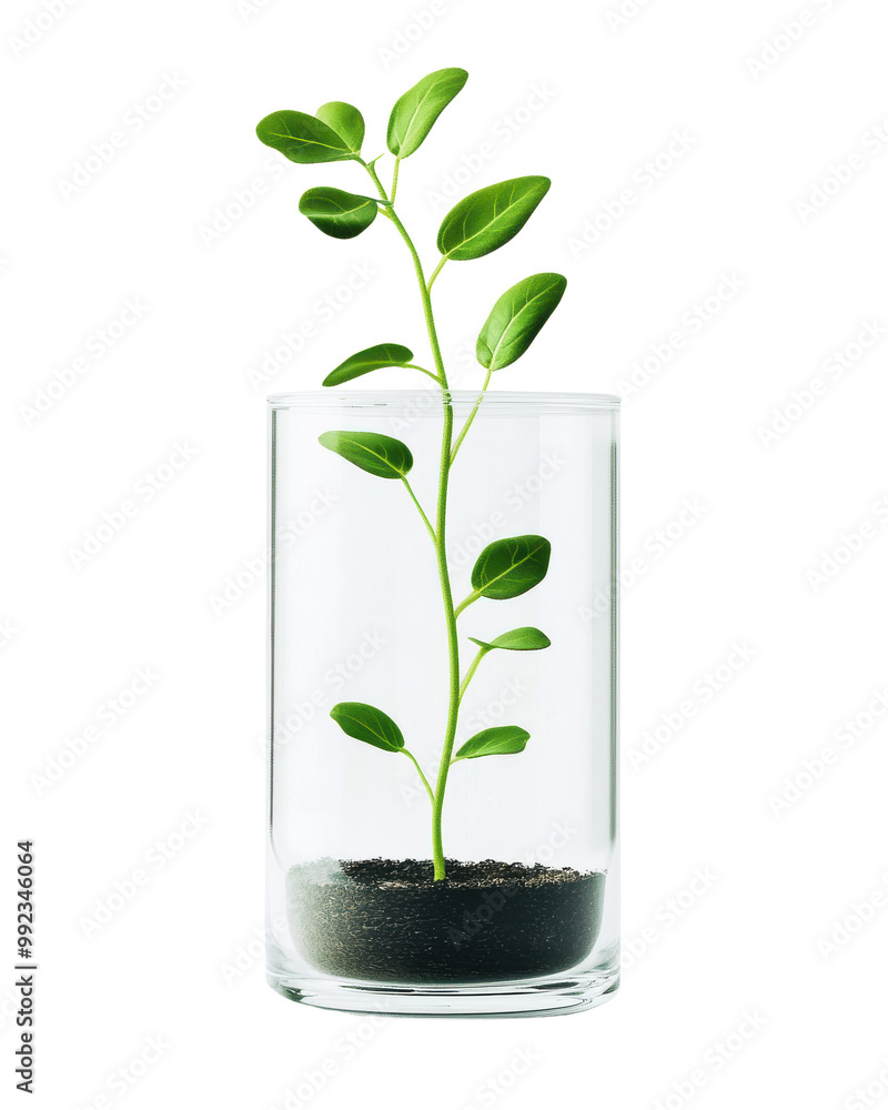 Green plant in clear glass container, white isolated background Green plant in clear glass container, white isolated background