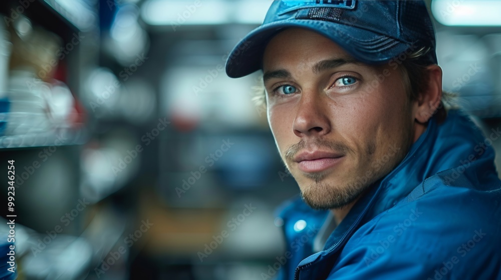 Confident Mechanic in Blue Uniform and Cap Poses for a Portrait Inside a Busy Garage Setting. Confident Mechanic in Blue Uniform and Cap Poses for a Portrait Inside a Busy Garage Setting.