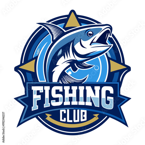 Fishing Club Logo: A vibrant and dynamic logo design featuring a leaping fish, a golden star, and the words "Fishing Club" on a blue and gold circular backdrop. The design evokes a sense of adventure.