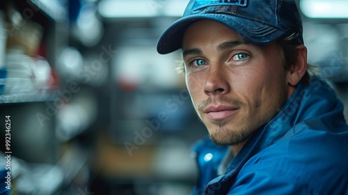 Confident Mechanic in Blue Uniform and Cap Poses for a Portrait Inside a Busy Garage Setting.