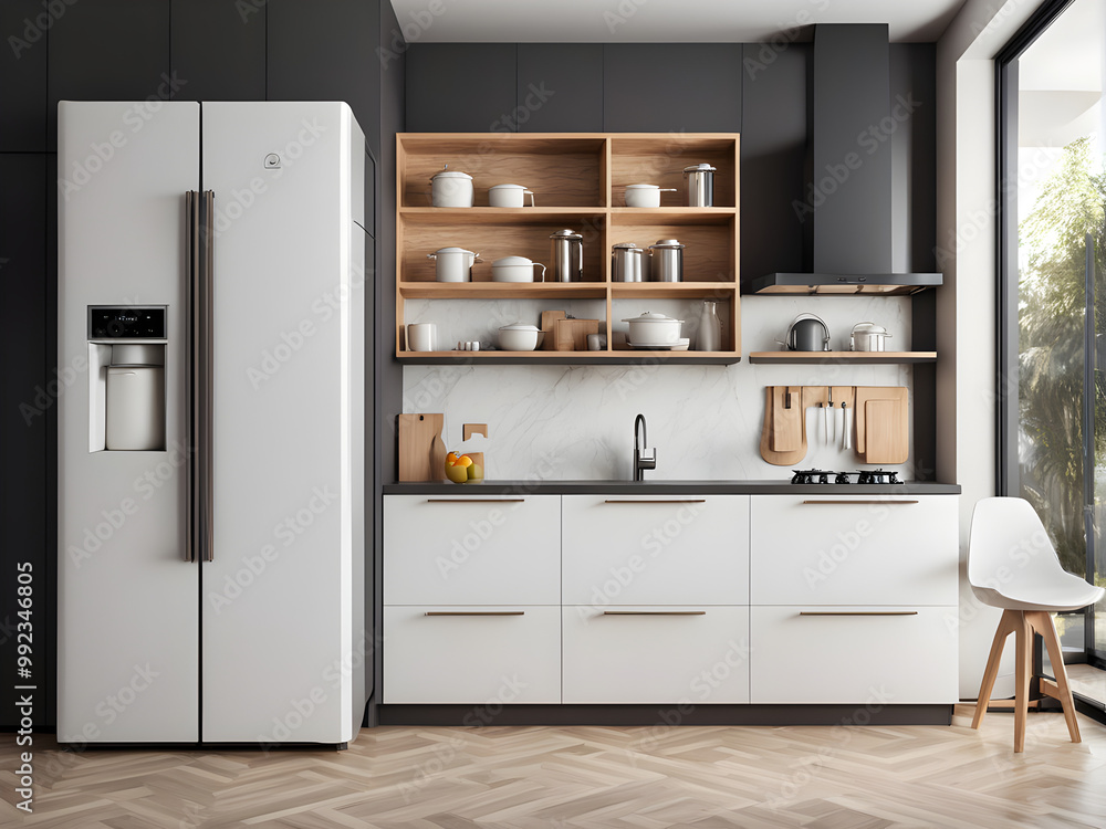 Interior of modern kitchen with counters and stylish fridge. 3d rendering Interior of modern kitchen with counters and stylish fridge. 3d rendering