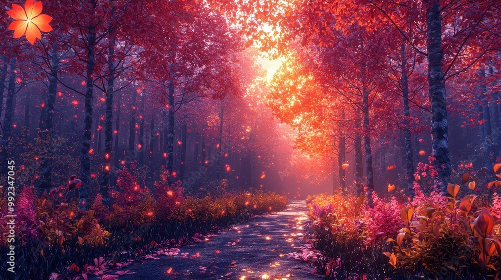 Magical Forest Path with Autumn Leaves and Sunbeams Magical Forest Path with Autumn Leaves and Sunbeams