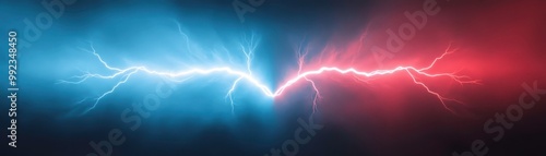 Two lightning bolts, one blue and one red, coming together in the sky