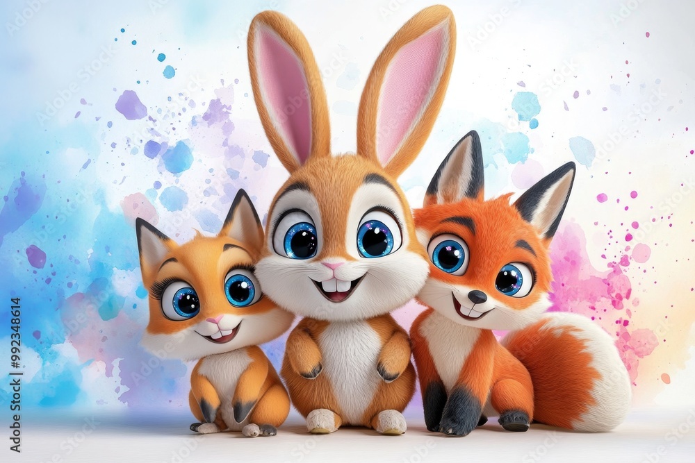 A vibrant illustration of a fluffy bunny and two playful foxes with large, sparkling eyes, sitting together against a background of pastel watercolor splashes A vibrant illustration of a fluffy bunny and two playful foxes with large, sparkling eyes, sitting together against a background of pastel watercolor splashes