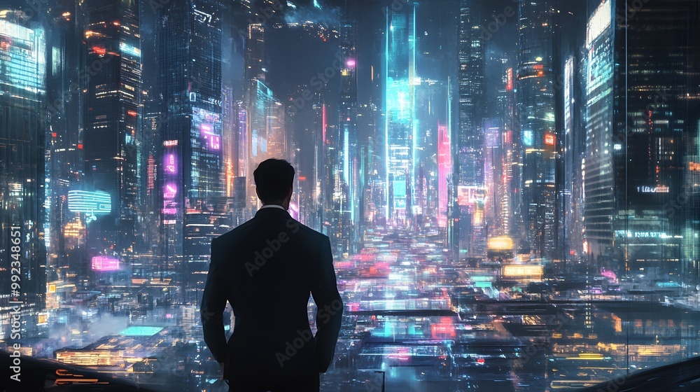 Business man on future network city. Business man on future network city.