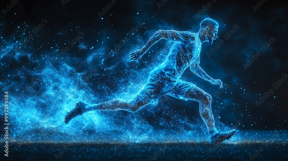Blue digital soccer player with glowing data, artificial intelligence into athlete performance analysis and training, enhancing player skills, strategy, and overall team performance design Blue digital soccer player with glowing data, artificial intelligence into athlete performance analysis and training, enhancing player skills, strategy, and overall team performance design