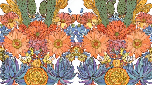 Vibrant floral pattern with cacti and desert flowers in orange, blue, and green. photo